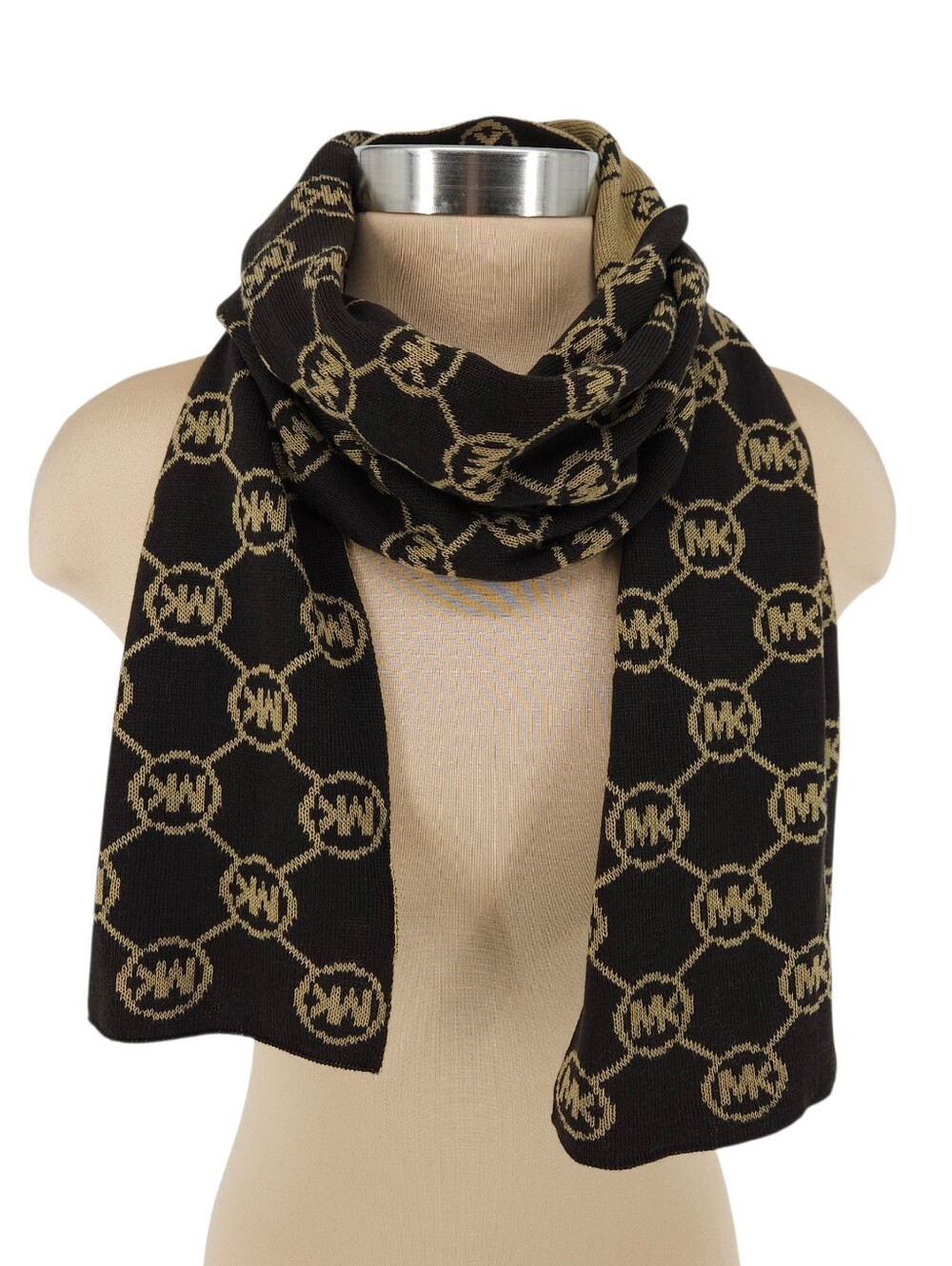 Michael Kors Wrap Scarf Brown MK Polka Dot Logo Rectangle Lightweight Knit OS